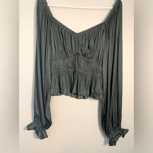 Lulus Dark Green Satin Ruched Long Sleeve Top